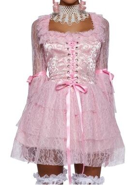 Dolls Kill Pastel Pink Lace Corset Tulle Long Sleeve Dress Size M